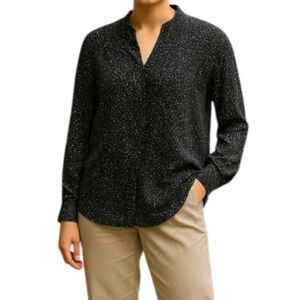 HILARY RADLEY NWOT Black White Speckled Long  Sleeve Blouse Half Button V-Neck L